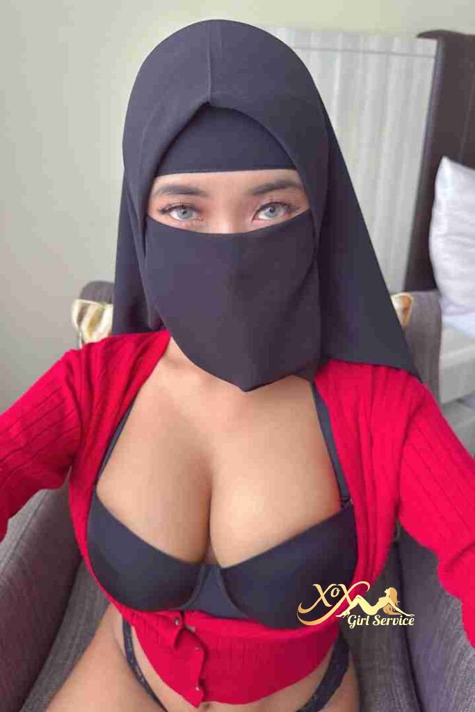 Zafira, Malay escort in hijab, red cardigan, black bra. D cup tudung girl.