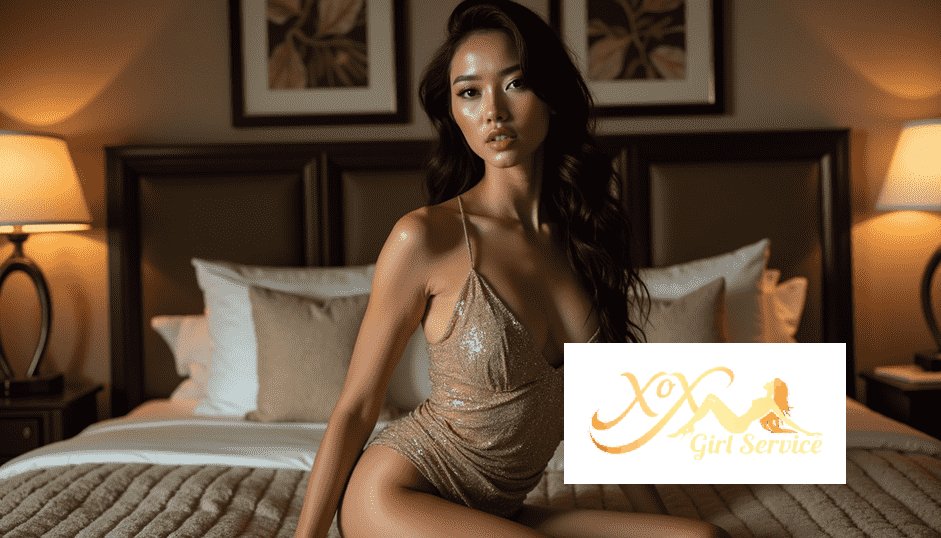 KL Escort Girl Woman in a sequined dress posing on a bed in a hotel room. Sex Service Malaysia