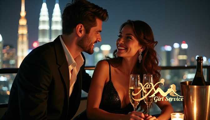 KL Escort Girl Couple enjoying champagne on a balcony with city lights at night Sex Service Malaysia