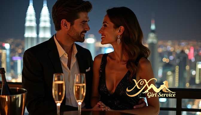 KL Escort Girl Couple enjoying drinks with a city skyline at night Sex Service Malaysia
