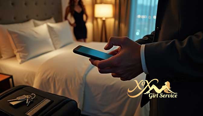KL Escort Girl Man in suit holds smartphone in hotel room with woman in background Sex Service Malaysia
