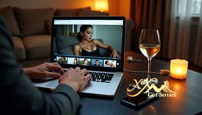 KL Escort Girl Man on laptop video call with woman, wine, and candle. Sex Service Malaysia