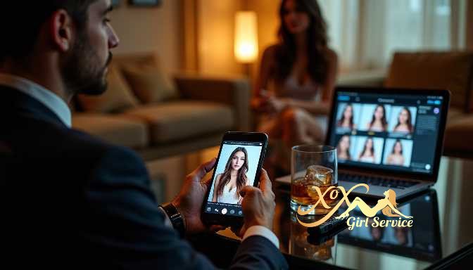 KL Escort Girl Man reviews photos on phone with laptop and woman in background Sex Service Malaysia