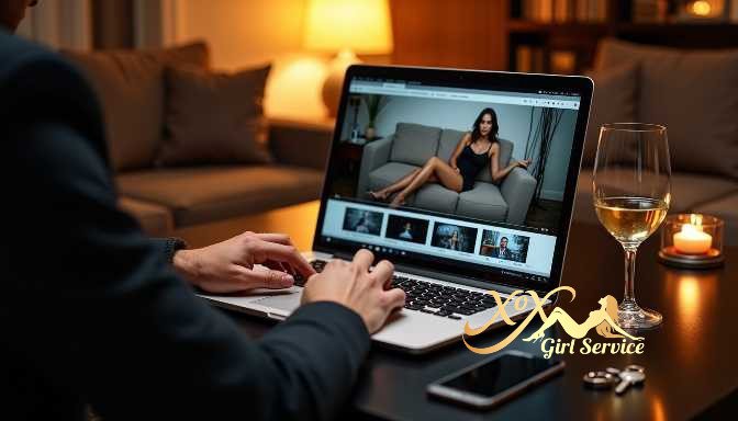 KL Escort Girl Man watches video on laptop with wine and candle Sex Service Malaysia