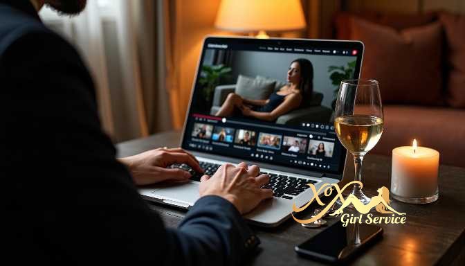 KL Escort Girl Man watches video on laptop with wine and candle Sex Service Malaysia