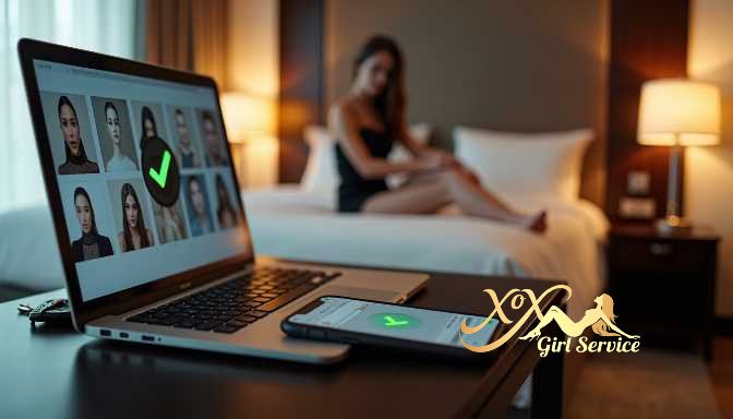 KL Escort Girl Laptop and phone displaying user profiles with a checkmark, person in background Sex Service Malaysia