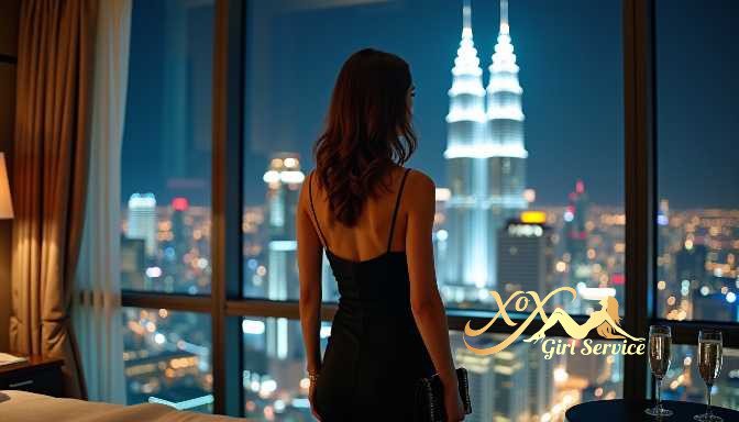 KL Escort Girl Woman in black dress looking out a window at a city skyline at night Sex Service Malaysia