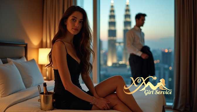 KL Escort Girl Elegant woman in black dress with champagne bottle in hotel room overlooking city skyline Sex Service Malaysia