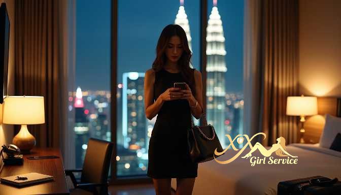 KL Escort Girl Woman in black dress uses smartphone in a hotel room with city skyline view. Sex Service Malaysia